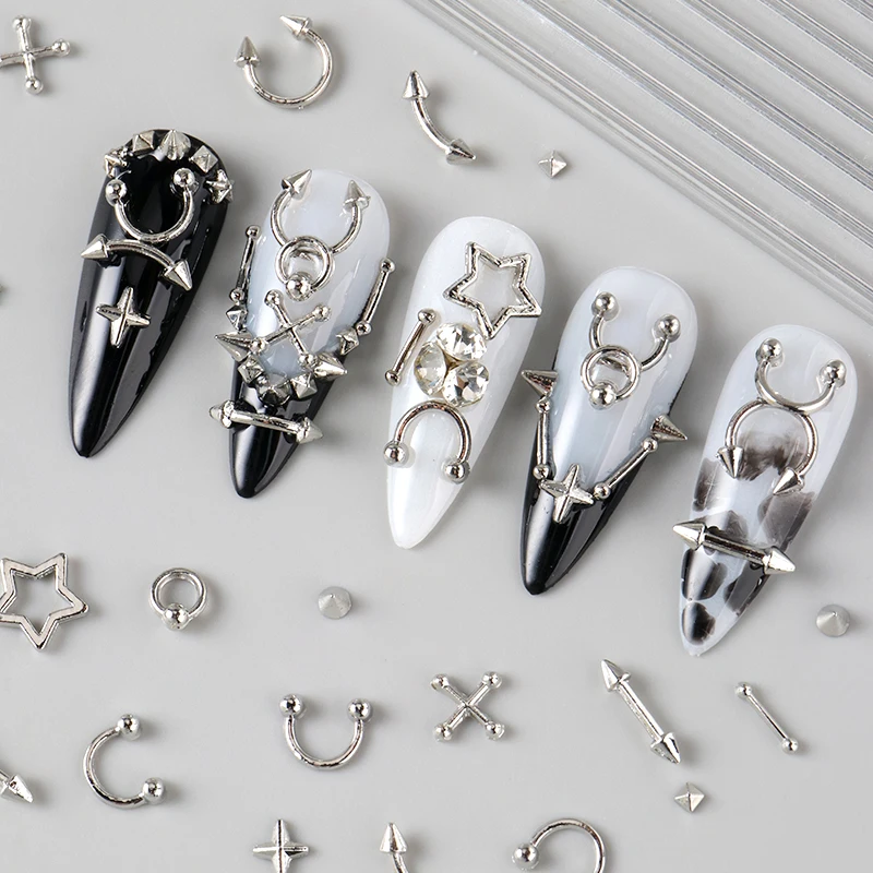 12 Sztuk Ozdób do Paznokci w Stylu Goth Punk, Ćwieki, Motywy Piercingu Y2K, Metaliczne Srebrne Ozdoby do Paznokci, Nity, Gwiazdy 3D, Ozdoby do Paznokci ze Stopu