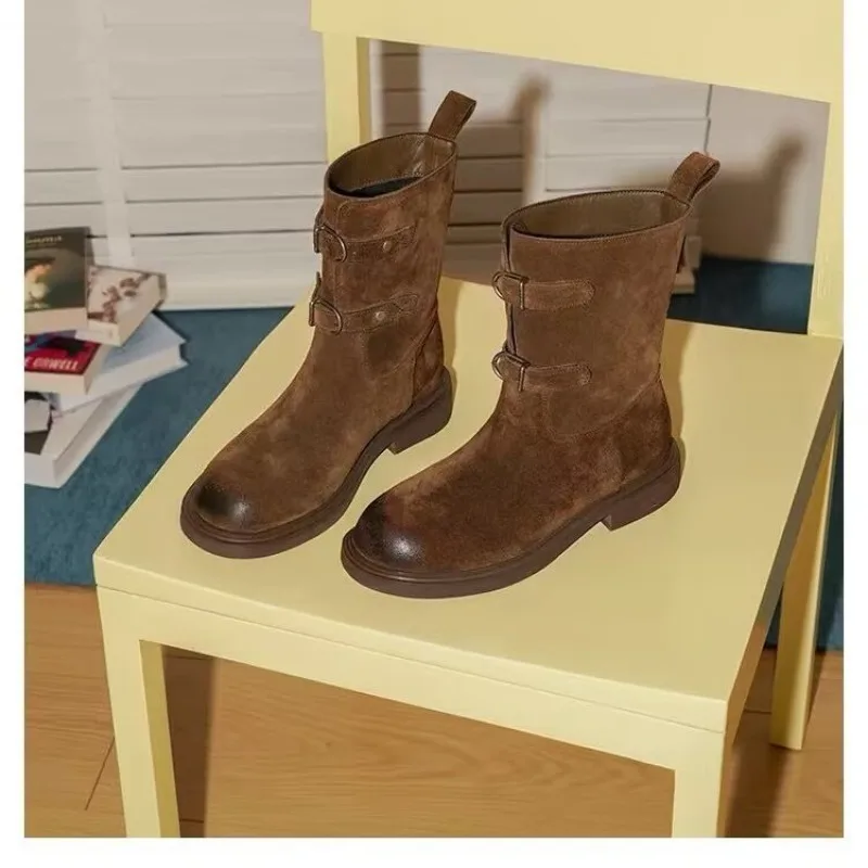 Botines pitillo retro Botas desnudas planas de motocicleta Maillard para mujer