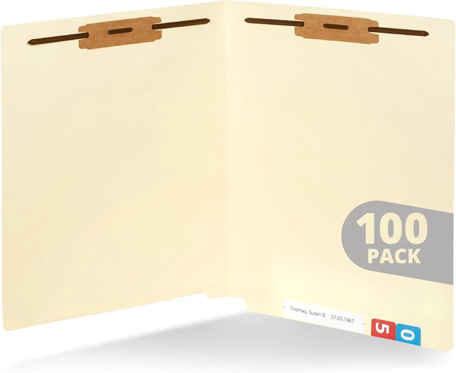 

100 Pack Manila File Folders with 2 Fasteners, Letter Size, End Tabs, Reinforced Straight Cut