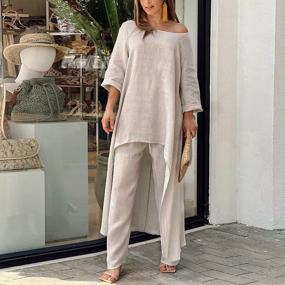 African Clothes 2 Piece Women Set Women Outfits Cotton Linen Suit Long-Sleeved Top Pants Oversize Trousers Casual Party Set