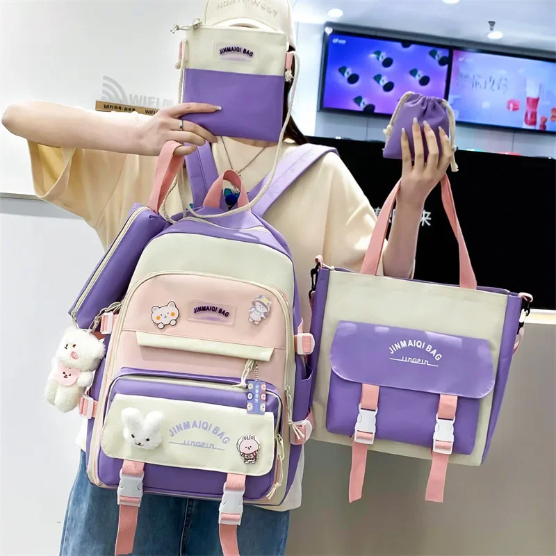 2024 neue 5 teile/satz neue Frauen Ins Student Universität Rucksack Schult aschen Teenager Mädchen Schult asche Kawaii Rucksack