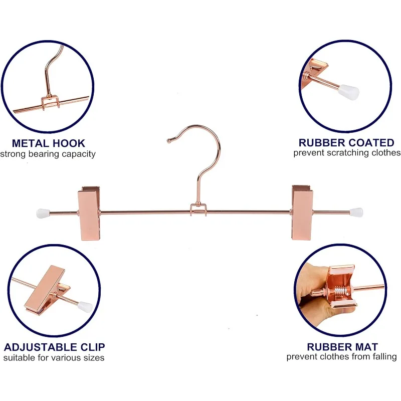 

5 Pack Rose Copper Gold Metal Pants Skirts Hangers Sturdy for Slacks Trousers with 2 Adjustable Non Slip Clips and Swivel Hook
