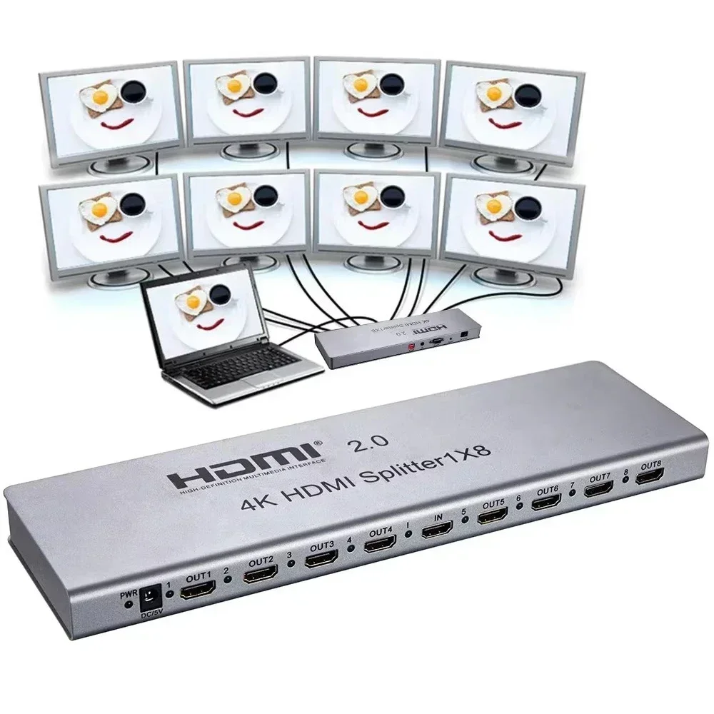 4K 60Hz HDMI2.0 1x8 HDMI Splitter 1 in 8 Out Multi Screen Display Video Converter 3D EDID for PS4 Camera Laptop PC To TV Monitor