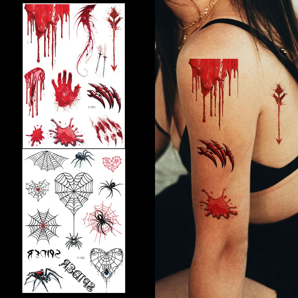 Halloween Horror Temporary Tattoo Stickers Realistic Spider Web Bloody Wound Scary Fake tattoo for Women Men Face Body Decor