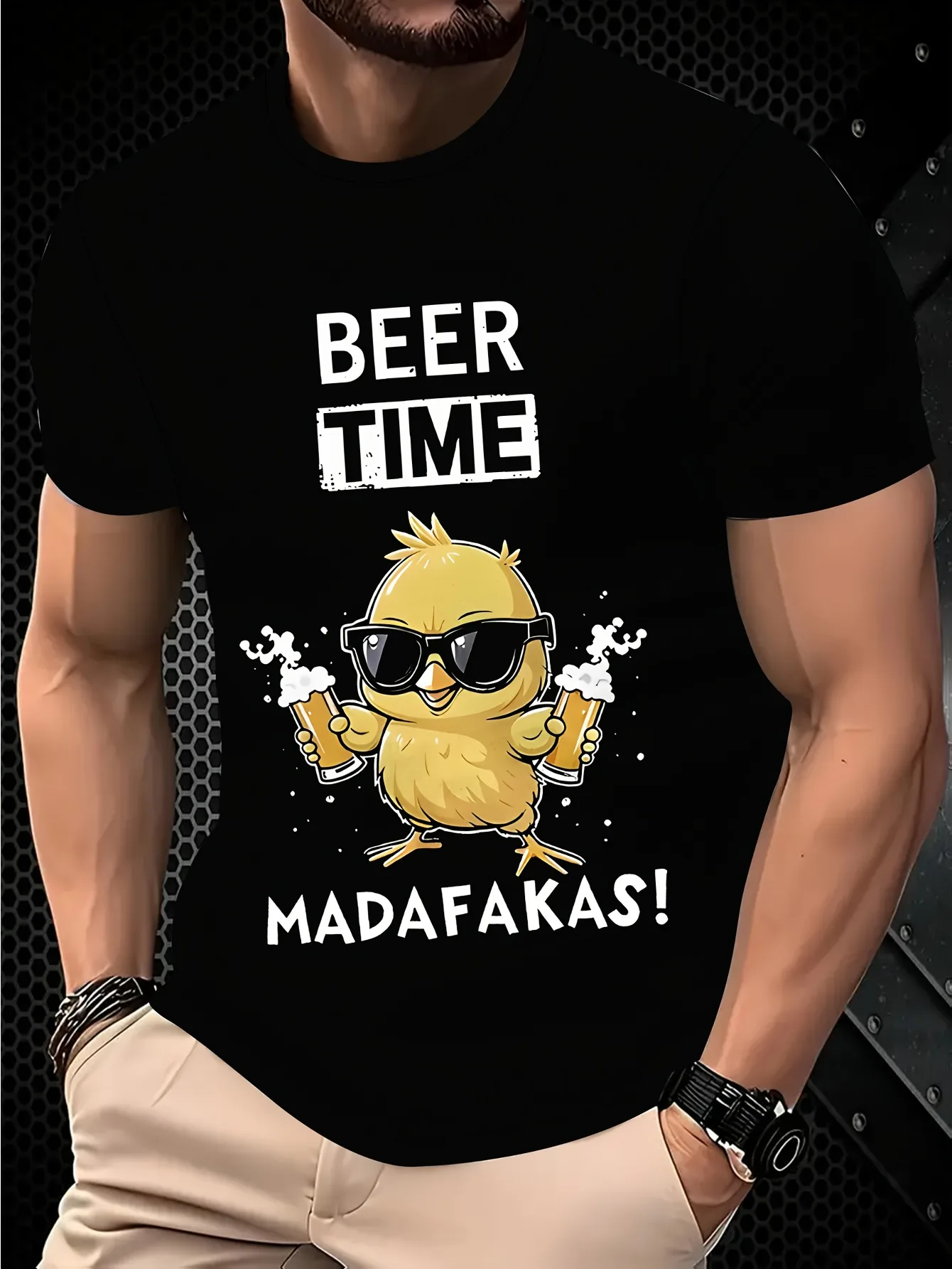 Men's Funny Beer Time T-Shirt with Chicken/duck & Beer Mug Pretzel Graphic - Lightweight -like Short Sleeve Tee, Black/White Print, BEER TIME & MADAFAKAS! Slogan - Relaxed Fit Casual Drinking Apparel for Parties, BBQs, Beer Lovers