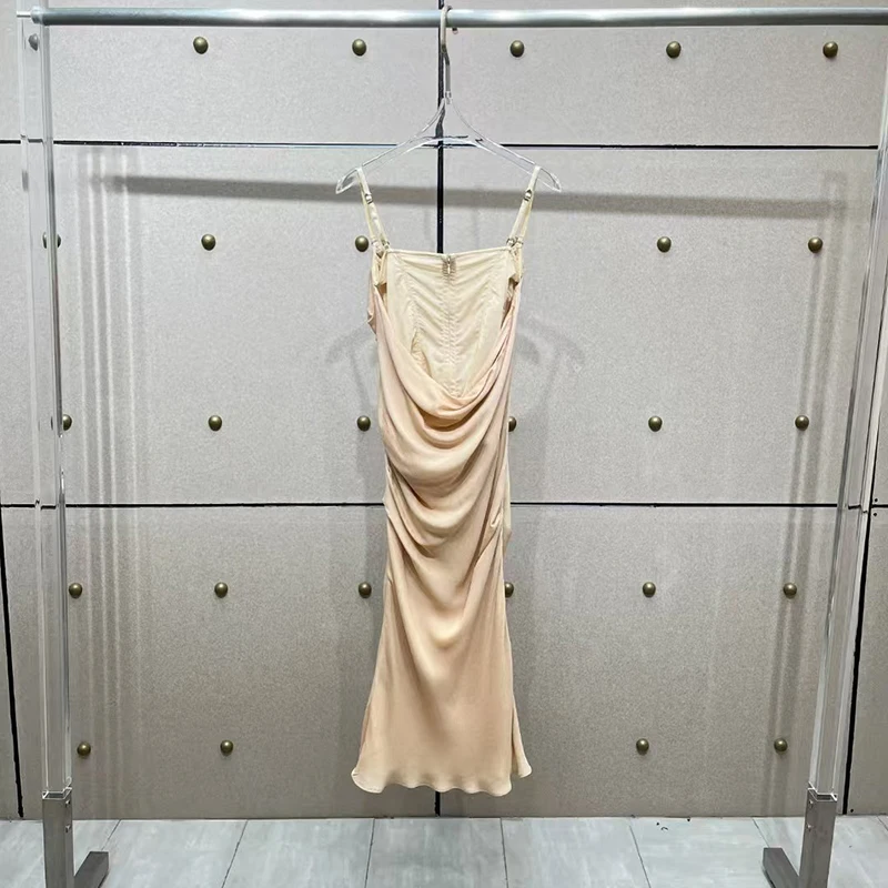 Vestido de emenda de camada dupla de strass quente feminino, moda sexy plissado halter vestido longo, vestidos de alta qualidade, primavera, novo,