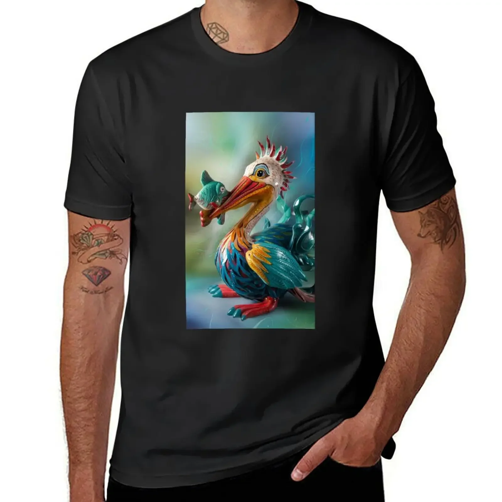 Pelican with Fish in Alebrijes Style T-Shirt summer tops blanks graphic t shirts anime shirts men