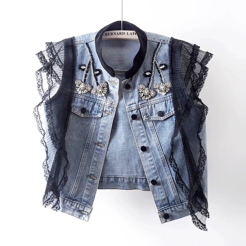 Fashion Ladies Vest Jacket Embroidery Crystal Sleeveless Denim Vest Women's Waistcoat Lace Jeans Vest Coat Woman Clothing SL152