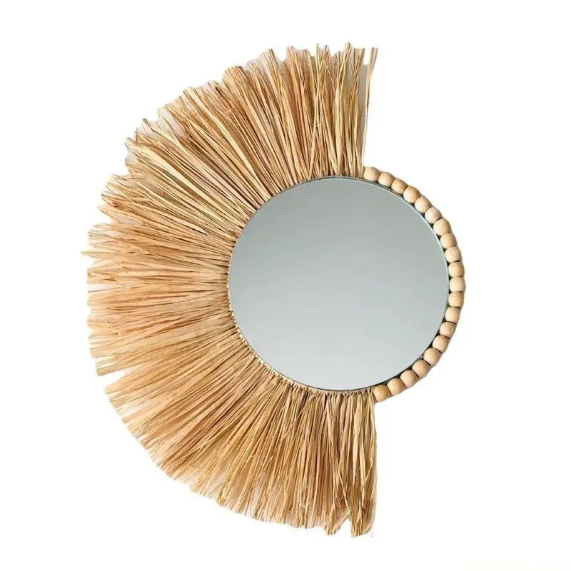 QX2E Moroccan Woven Straw Hanging Wall Mirror Boho Macrame Braided Wooden Beads Makeup Mirror Tapestry Home Bedroom Decor