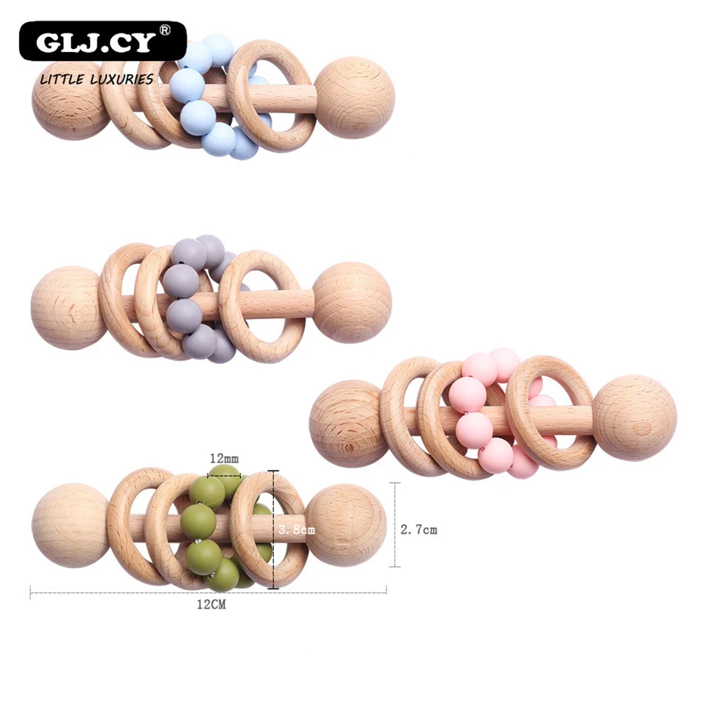 Baby Teething Light Soothing Toys Silica Gel Wooden Teething Toys Beaded Teether Appease Teething Stick Molar Silicone Beads