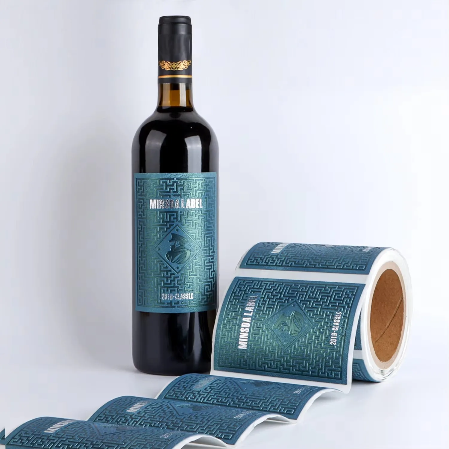 Custom | Textured PU PVC Leather Wine Label | Embossed Gold Silver Foil Waterproof Sticker for Wine Bottles