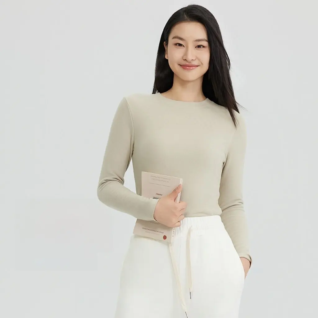 

Women's Slim-fit Long-sleeved Fleece Crewneck Base Shirt Warm Autumn Top Winter Heat Storage Sanding T-shirt for Women