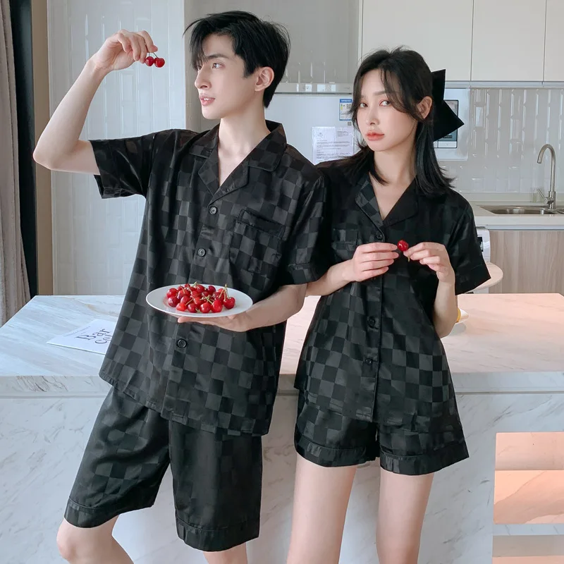 Women Pajama Set Silk Couple Pajamas Plaid Pyjamas Ice Silk Pijama pjs Sleepwear Short Sleeve Shirt Shorts Homewear Loungewear