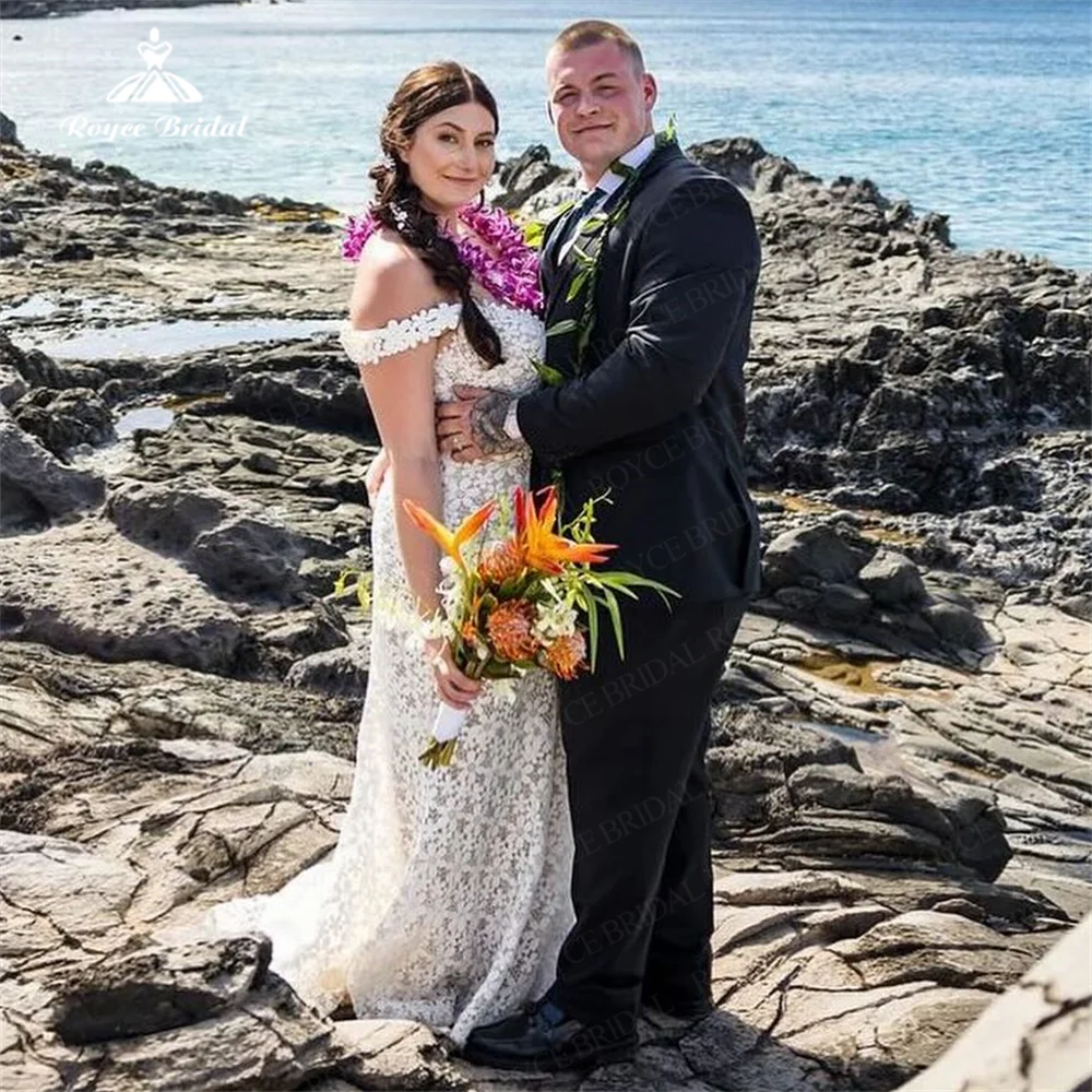 Vestido de novia de sirena con hombros descubiertos, traje de encaje personalizado de talla grande con tren de barrido, vestidos de novia Civil