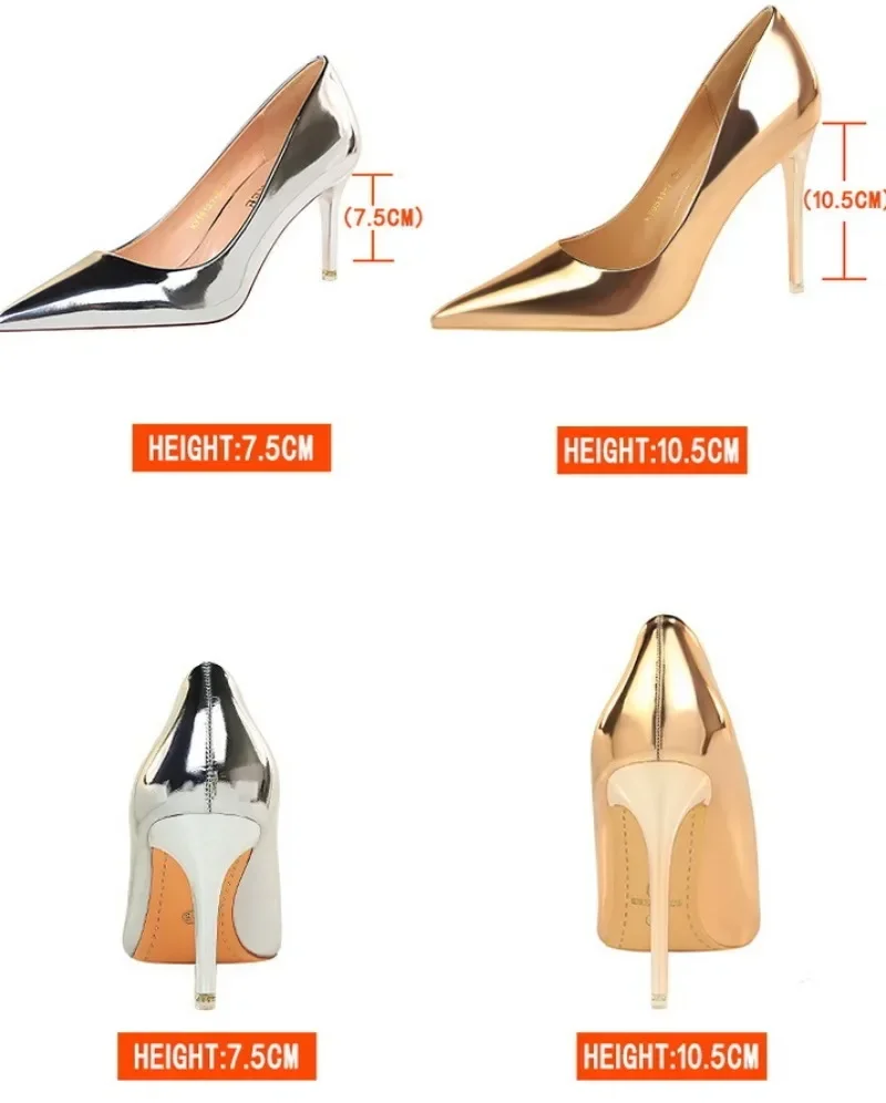 Fashion Spring Autumn Women High Heels Slip On Patent Leather 7.5CM Thin Heels Mature Women Modern Middle Heels Dress Shoes