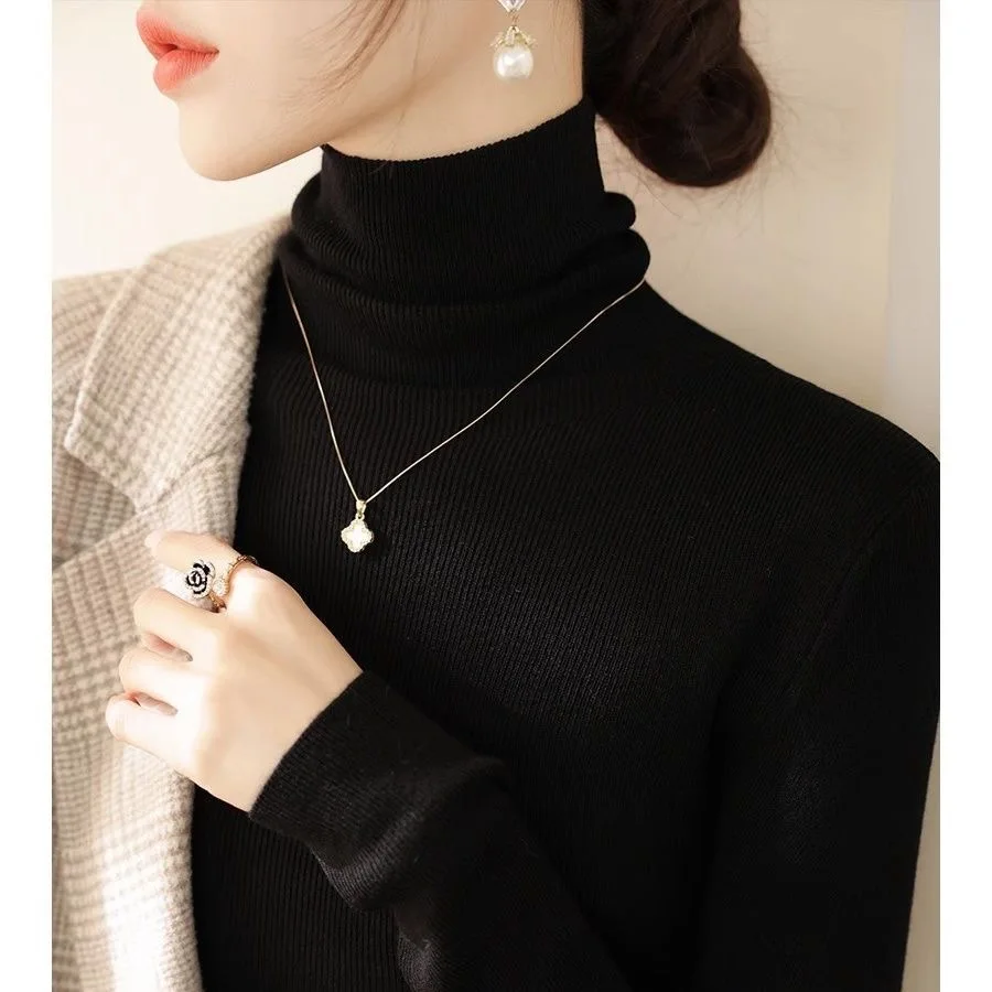 سترة عالية الرقبة قاعدة الخريف والشتاء تتراكم جديد أعلى البلوز بأكمام طويلة محبوك أنيق ونحيف صالح متماسكة سترة #4