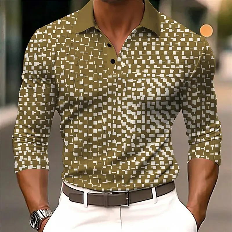 Camicia da golf con motivo geometrico da uomo Polo a maniche lunghe con risvolto Business Casual Bottoni formali Stampa 3D Autunno Inverno