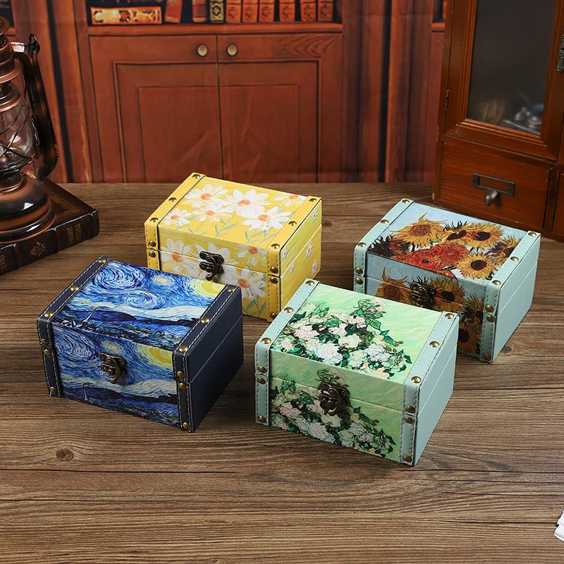 

Luxury Vintage Oil Painting Jewelry Box - Floral Leather Trinket Organizer with Dustproof Lid for Home/Office