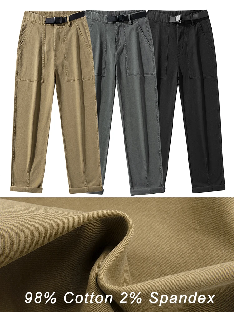 2023 New Autumn Men's Casual Pants Solid Color Washed Cotton Wide Leg Baggy Trousers for Men Straight Cargo Pants With Belts