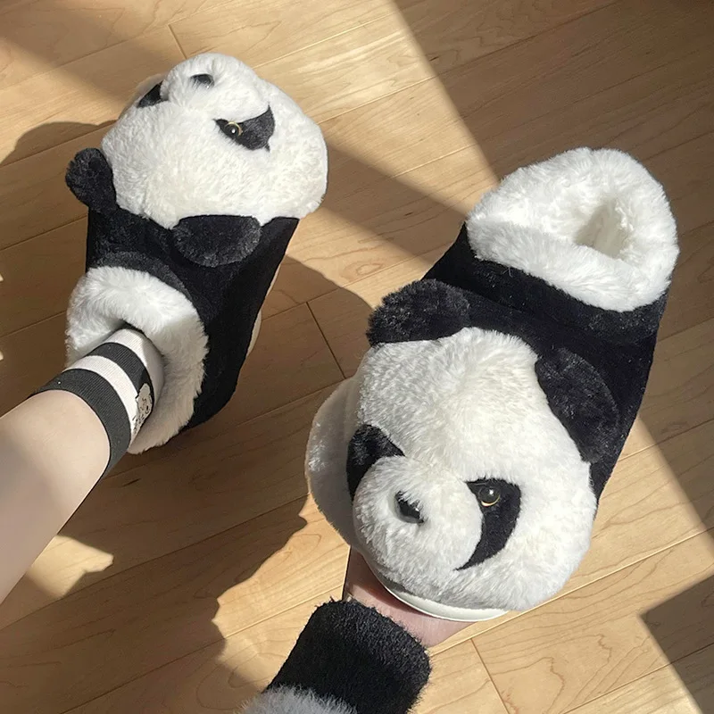 Zapatillas de algodón para el hogar de Panda para mujer, Zapatillas de interior para el hogar de otoño e invierno, zapatos de felpa de algodón peludos con bonitos dibujos animados para hombre