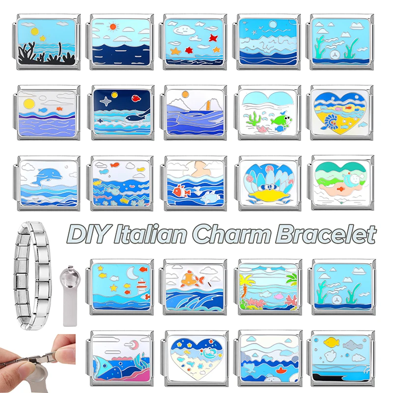 

New Design Blue Sea Underwater World Heart Italian Charm Links Fit 9MM Stainless Steel Bracelet Men Women DIY Making Gifts