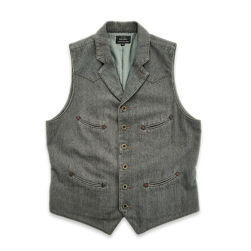 

Men's Amekaji Wear Clothes Gray American Retro Leisure Suit Collar Vest Youth Washed Good Quality