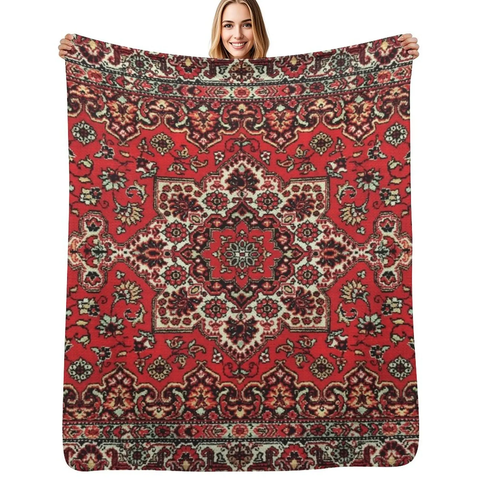 Persian Red Pattern Rug Throw Blanket Soft Breathable Blanket for Night Sleeping