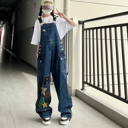 Summer Navy Blue Overalls Trousers Women Letter Patch Denim Jumpsuit Casual Fashion Loose Pockets Straight Jeans