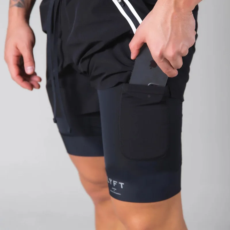 Shorts esportivos de secagem rápida para homens, músculos familiares de corrida e fitness, lazer ao ar livre, camada dupla solta, novo