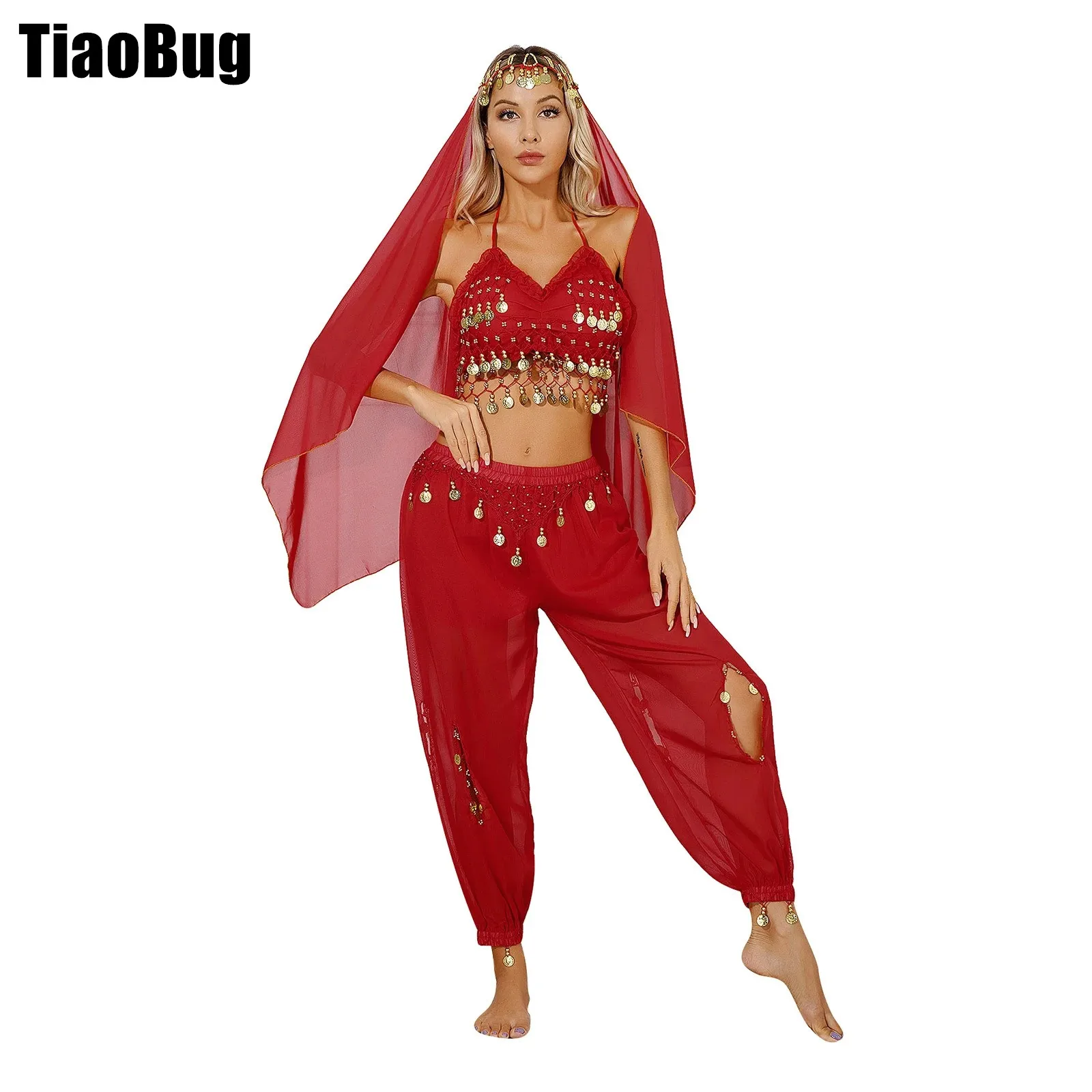 

Womens Belly Dance Outfit Beads Coins Tassels Performance Halloween Masquerade Theme Party Costume