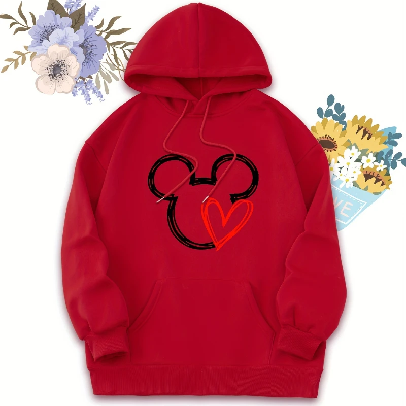 Disney Hoodie with Heart-shaped and Cartoon Mickey Logo Print Casual Hoodie Sports Hoodie Women's Sweatshirt