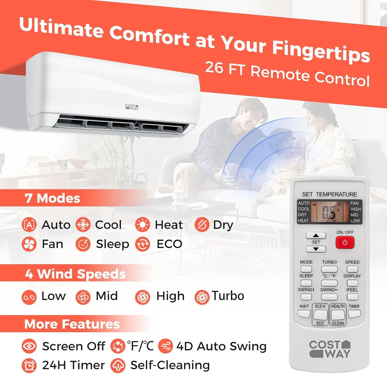 COSTWAY 12000BTU Mini Split Air Conditioner& Heater | 20 SEER2 115V Wall-Mounted Ductless AC Cools Up To 750 Sq. Ft, Energy Efficient Inverter AC with Heat Pump (Blast Series) view 6
