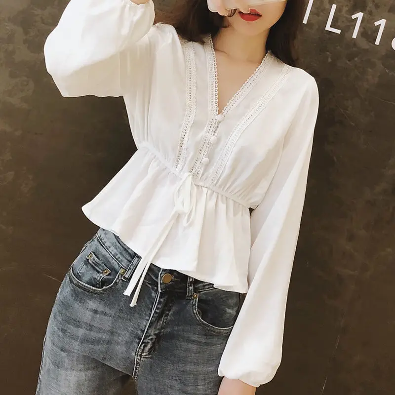 Spring Autumn Stylish Hollow Out Blouse Solid Color Casual Long Sleeve Waist Commute Drawstring Bow Elegant V-Neck Spliced Shirt