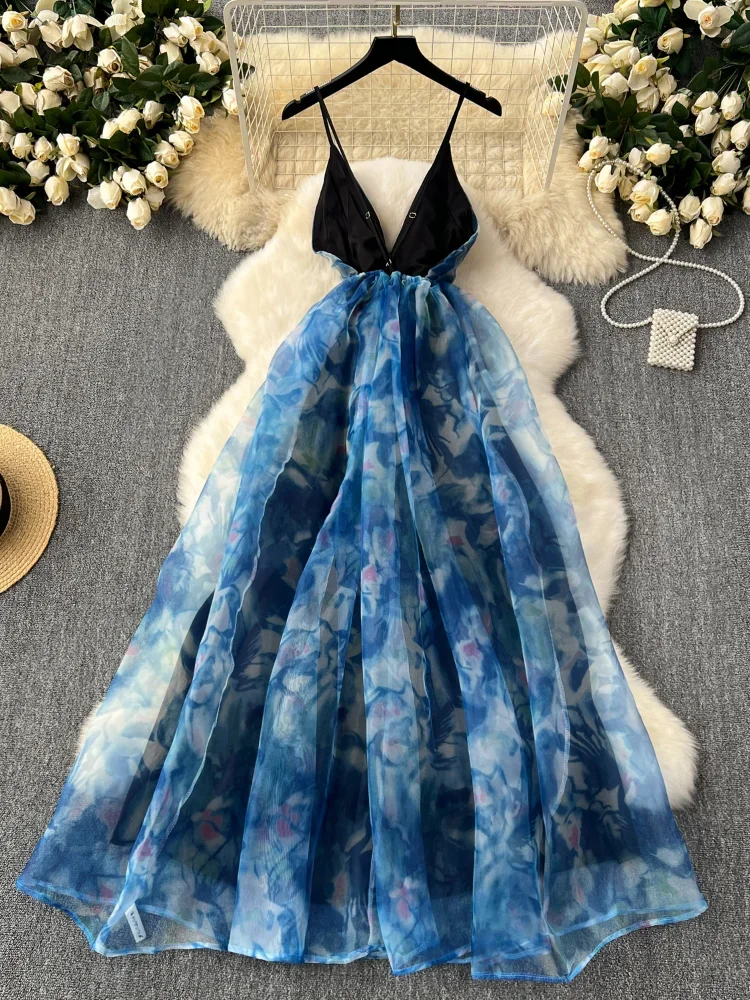 Summer Beach Sexy Luxury Evening Dresses Women Strap V-Neck Hollow Out Backless Dresses Female Design Long Organza Ball Gown New