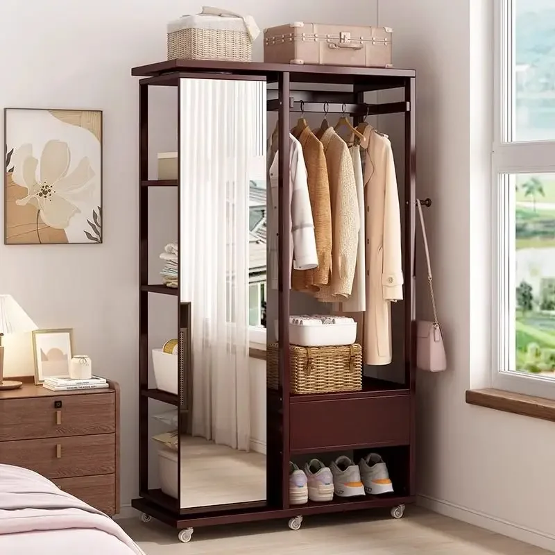 Movable dressing mirror, coat rack combination, multi-layer storage floor-standing rotating full-length mirror