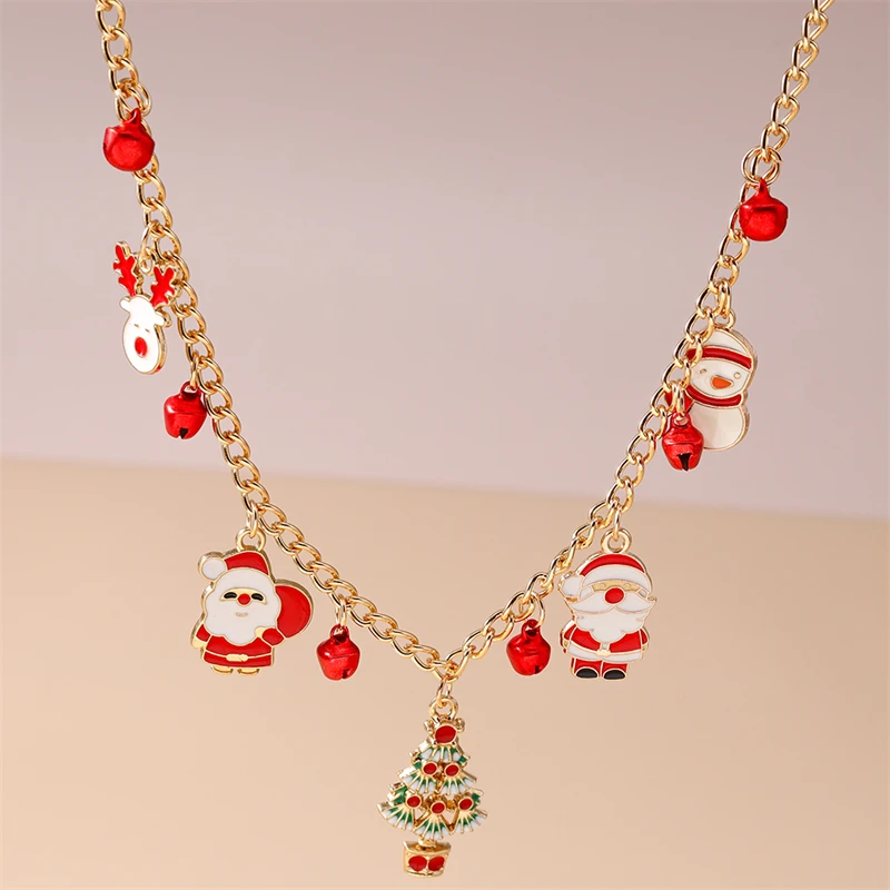 Modische Goldfarbene Ketten-Weihnachtshalskette für Frauen mit Weihnachtsmann-, Baum- und Schneemann-Anhänger, Festliche Schmuckgeschenke für Mädchen – Detail 1