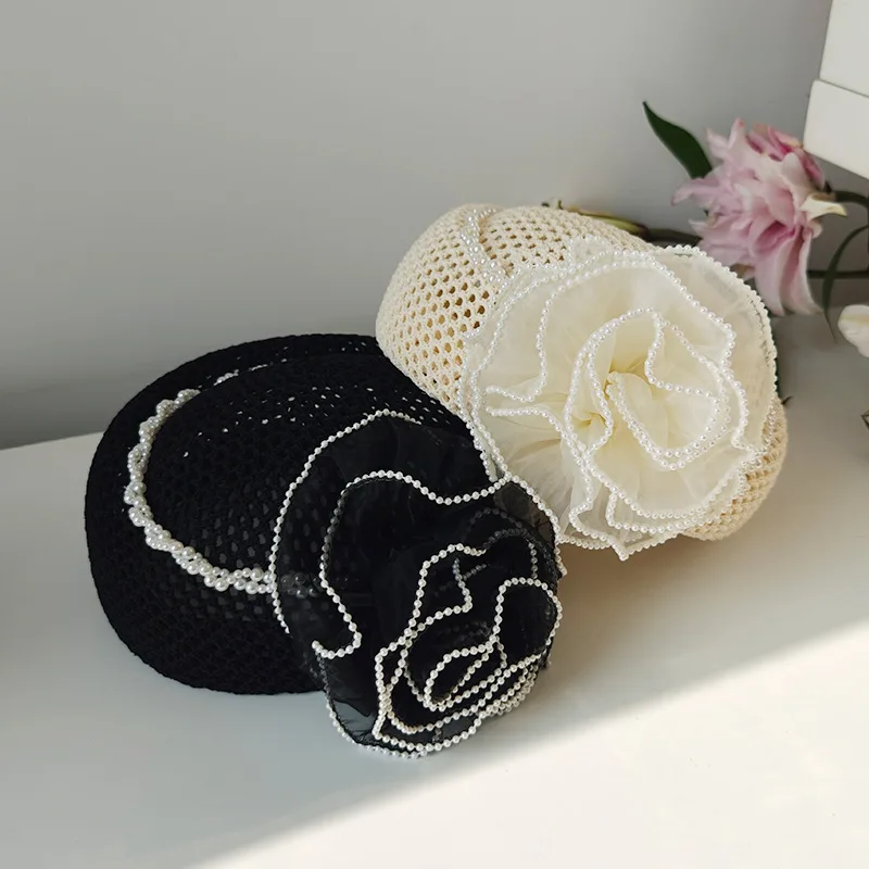 

French Style Elegant Pearl Trim Flower Beret Hats Women Vintage Mesh Pillbox Caps Fashion Casual Travel Headwear Wedding Party