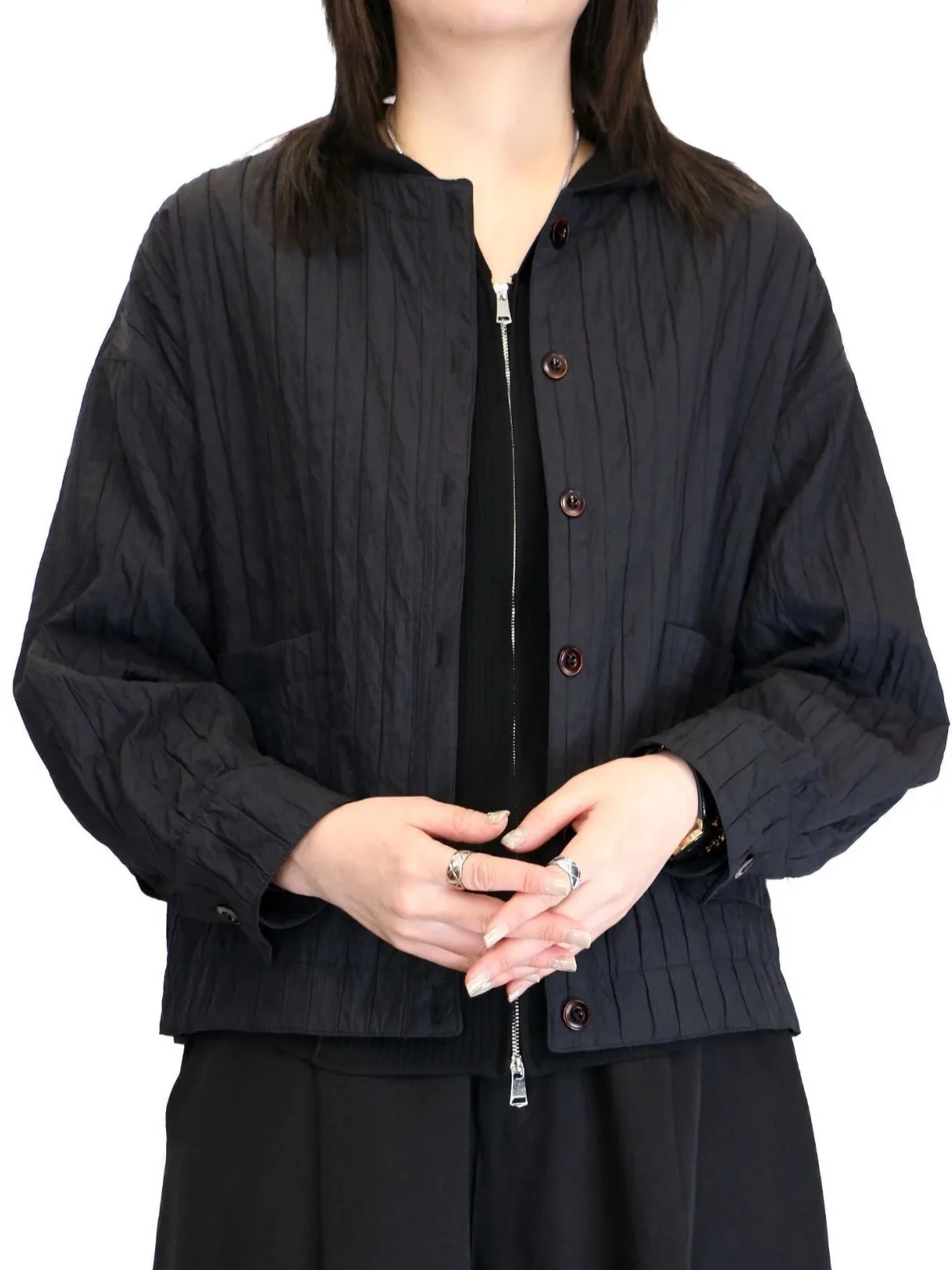 Elegant Vintage Black Pleated round Neck Oversized Women's Casual Loose Fit Coat Spring Autumn Stylish Slimming Open Cardigan...