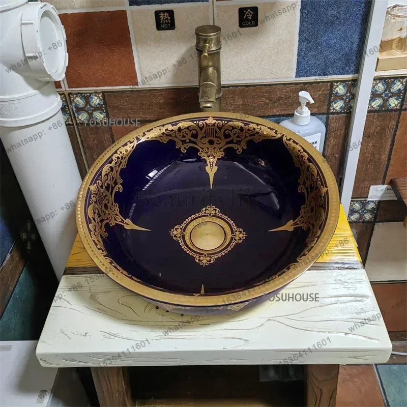 FG Nordic Bathroom Sinks Round Bowl Sinks Vessel Basin Countertop Washbasin Ceramic Wash Hand Basin Roman Bronze Art Single Basi
