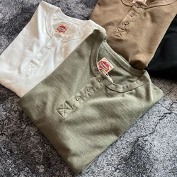 Washed Pure Cotton Long Sleeve T-Shirt Henry Collar Loose Fit American Retro Style Workwear Style Breathable Spring Autumn