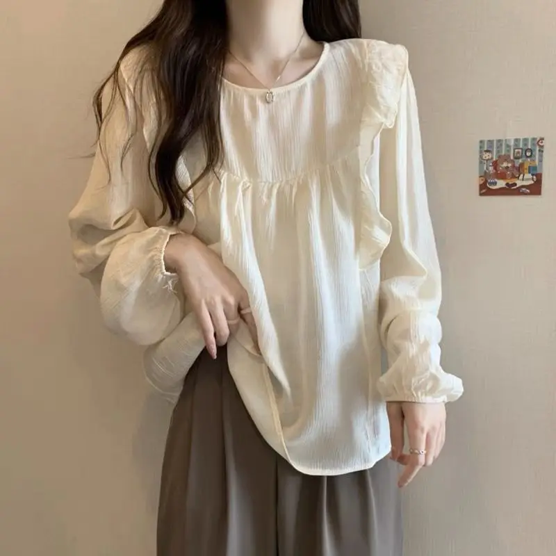 Ruffles Shirts and Blouses Korea Solid Elegant and Youth Woman Blouses Female Top Long Sleeve Chiffon Autumn Clothes 2024 New