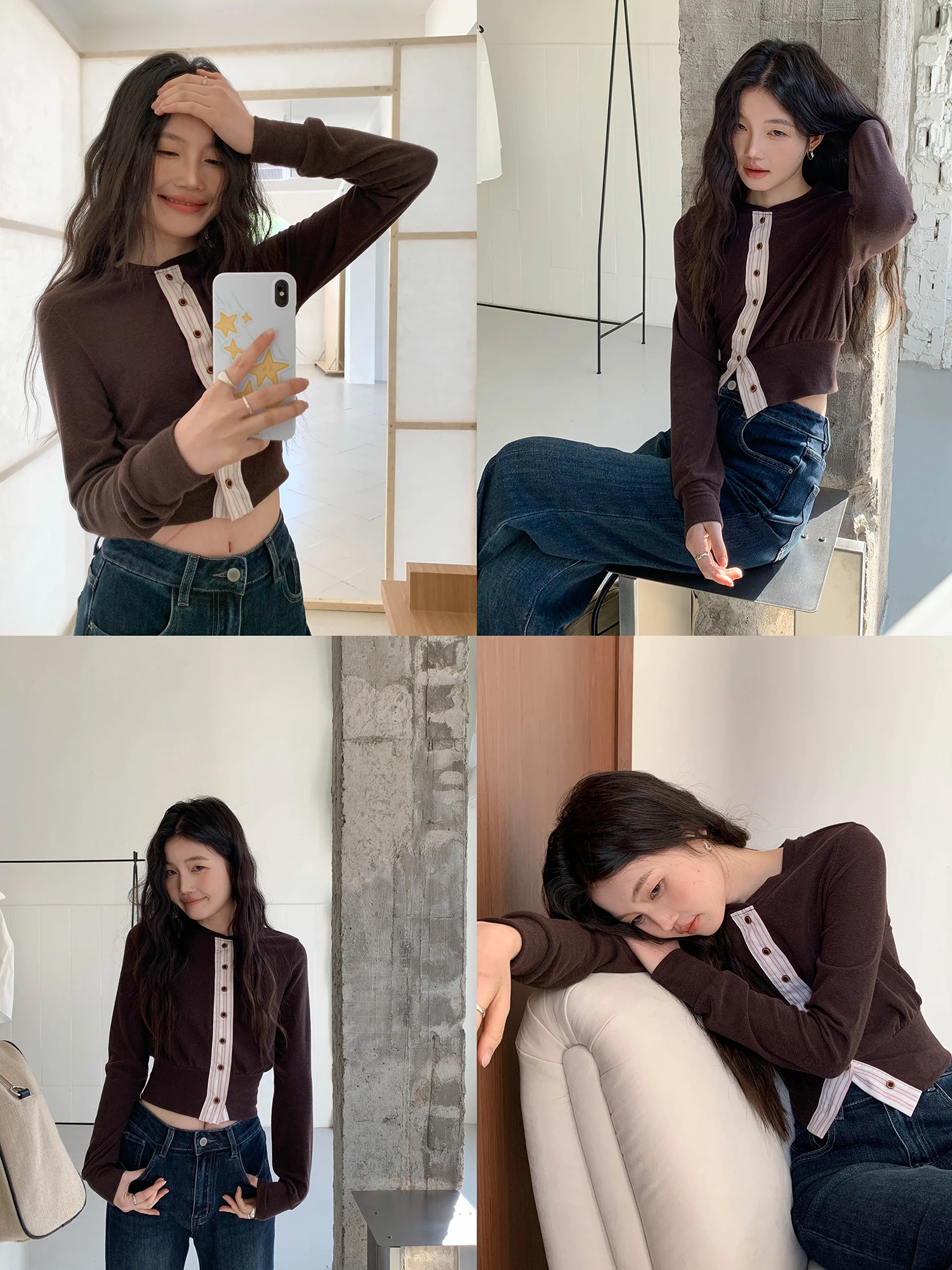 

Ele Brown Stripe Patchwork Long Sve ort T-irt Women's Spring 2026 New Korean Sle Beautiful ort Sexy Top