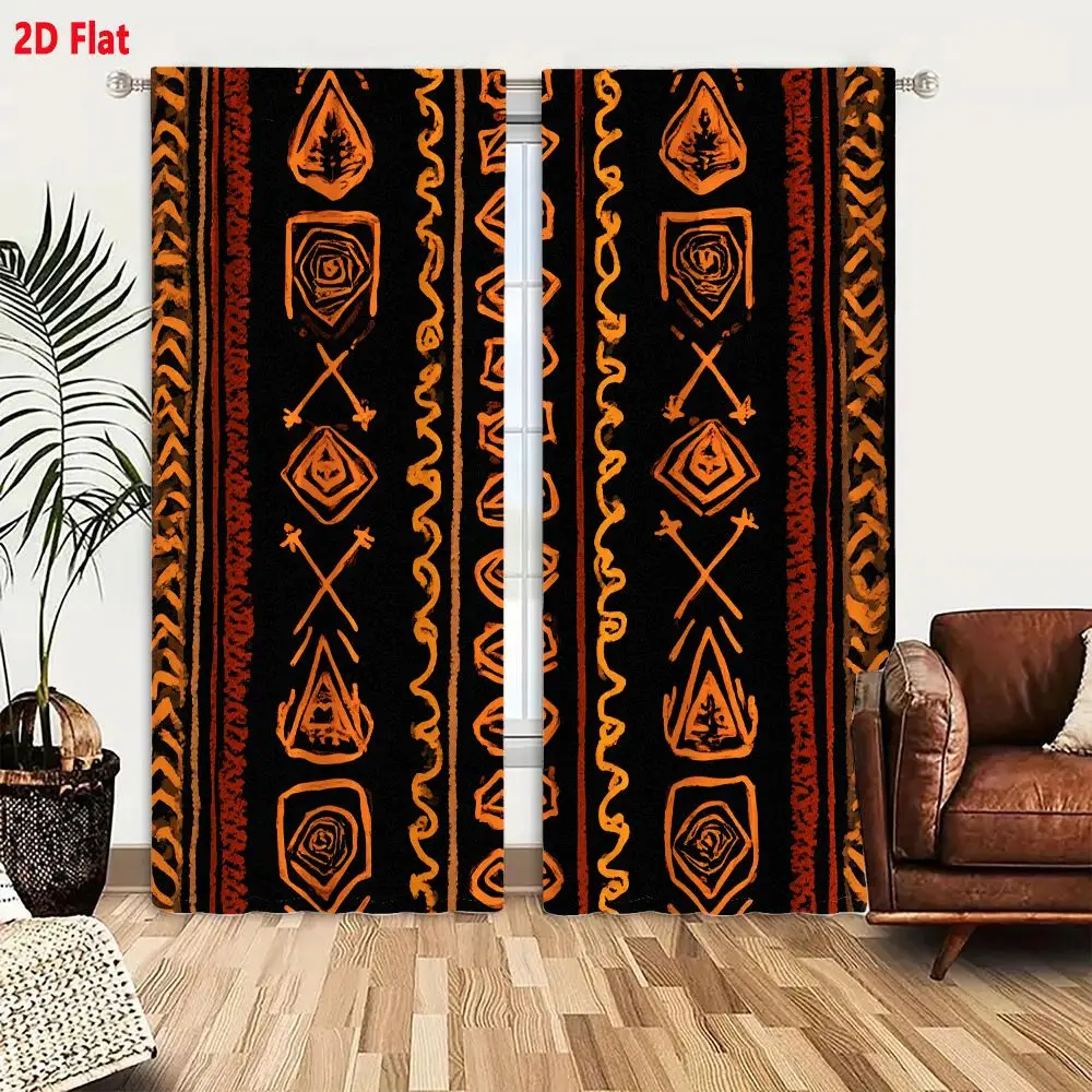 2Pcs Curtains 2D Flat Ancient Tribal Vertical Pattern With Chevron Borders And Symbolic Columns On Black Background Window Drape