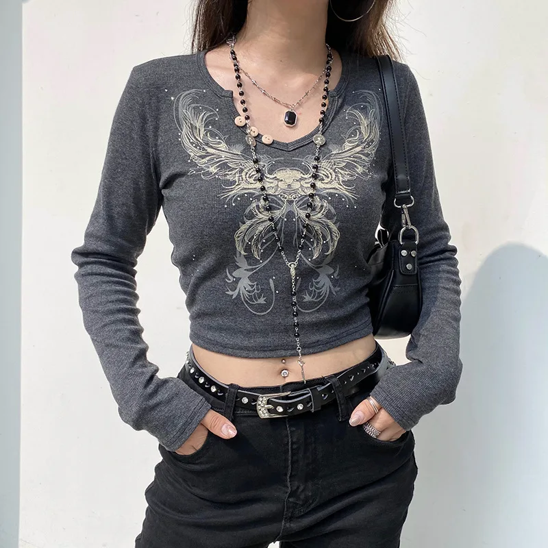 Gothic Y2K Tees Grunge Fairy Casual Party Women\'s Round Neck Tight Tops intage Heart Wings Print Long Sleeve Slim Fit Pullovers