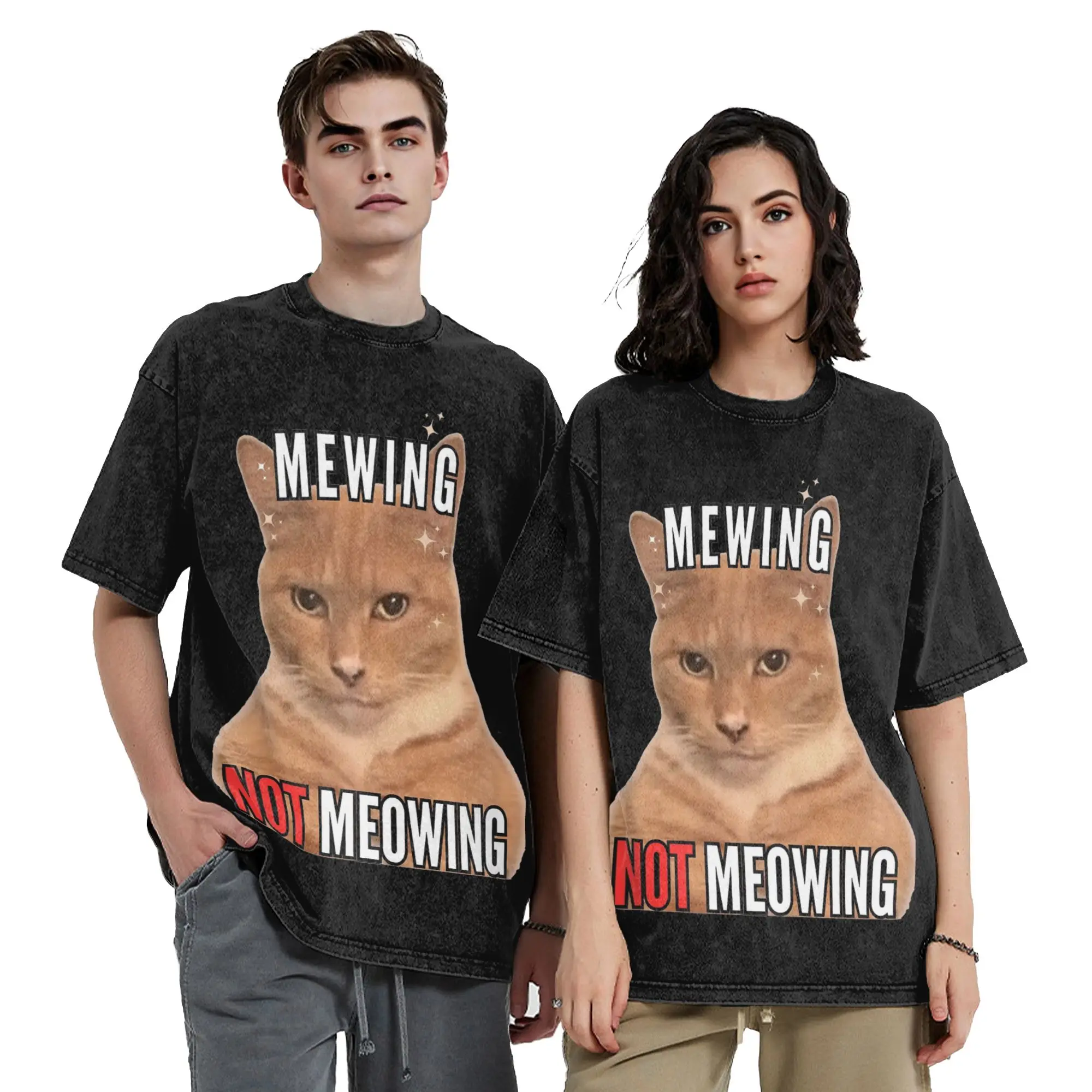 Mewing Not Meowing Funny Cat Meme Washed T Shirt Streetwear  Novelty T-Shirt  Tees Men Women 100% Cotton Oversize Summer