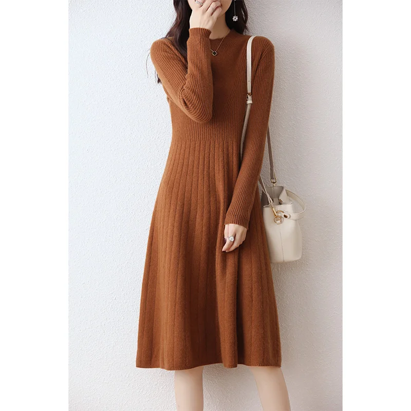 100% pure wool vestido feminino Hot Sale 2023 Winter New Fashion Cashmere Dresses Female O-neck  Wool Clothing DR01