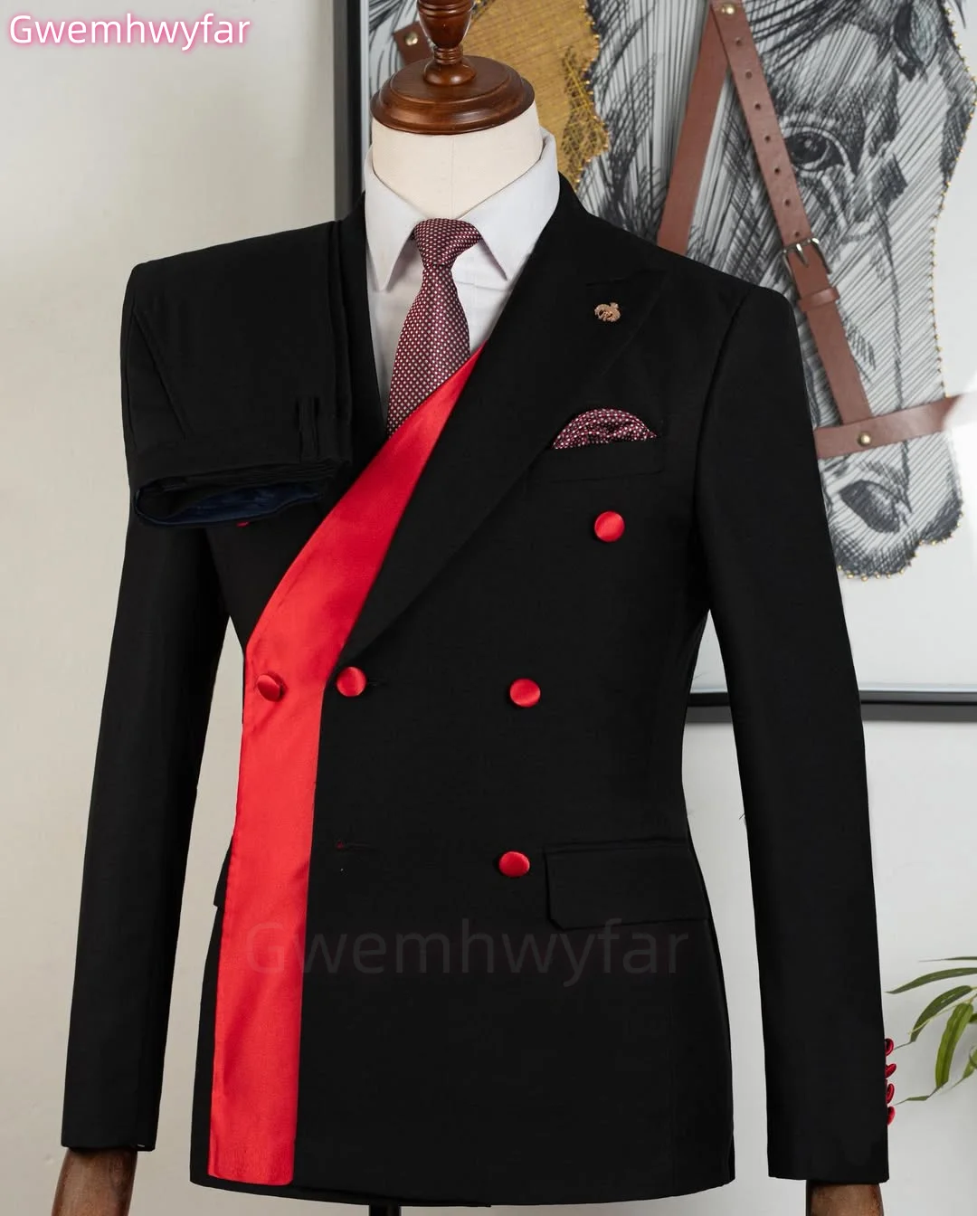 

Gwenhwyfar New Arrival Black & Red Formal Men Suit Groom Groomsman Wedding Party Prom Business Male Tuxedos 2 Pcs Blazer Pants
