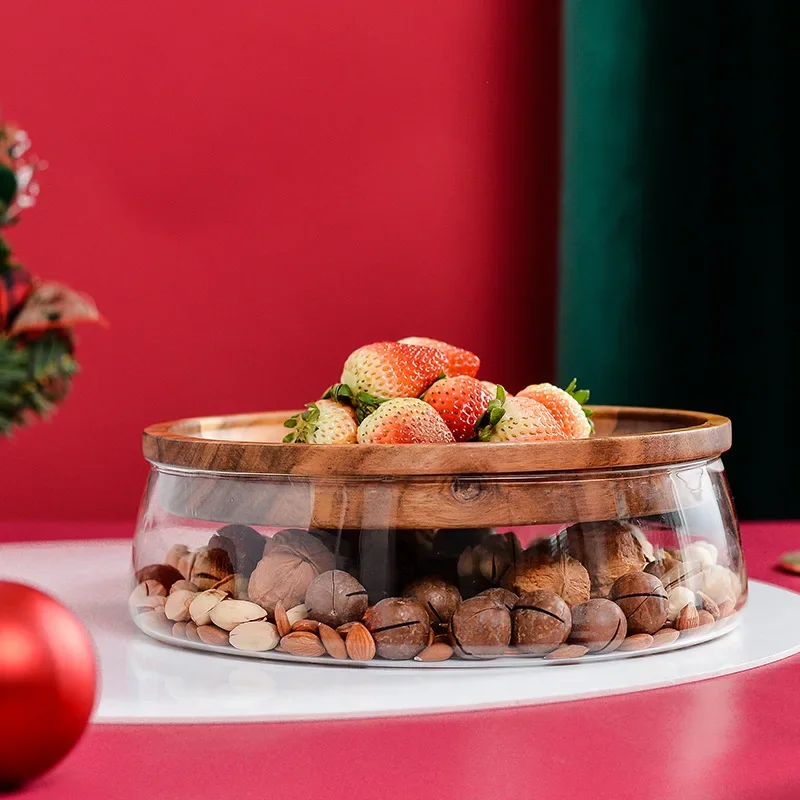 

23cm 2350ml European Creative Double Layer Glass Fruit Snack Plate with Wooden Lid Candy Storage Can