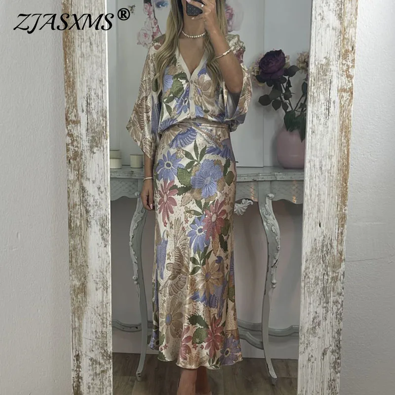 

Spring Fashion Floral Print Satin Two Piece Set Woman Sexy V Neck Button Top & Hips Skirt Outfit Autumn Half Sleeve Office Suits