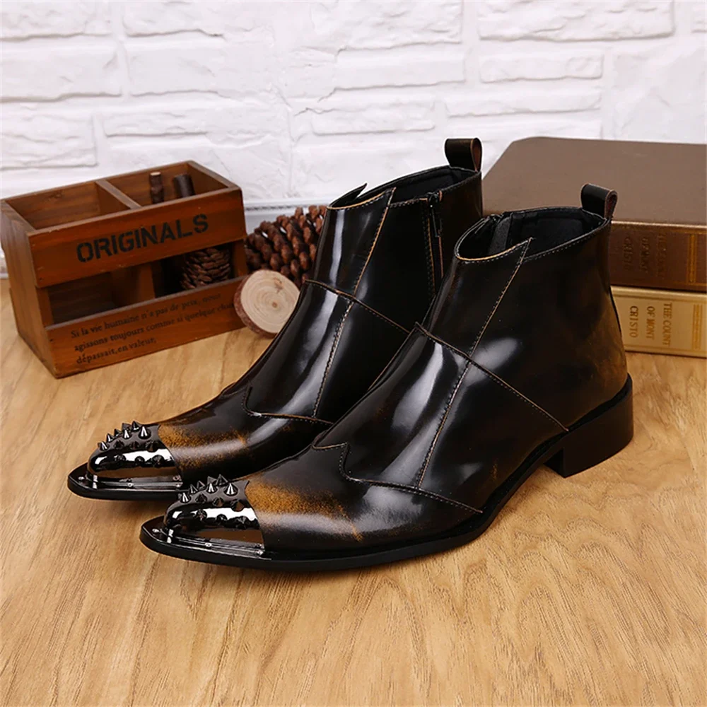 

Patent Leather High Heels Pointed Toe With Metal Boots Male Plus Size Fashion Party Business Dance For Men Dress Shoes